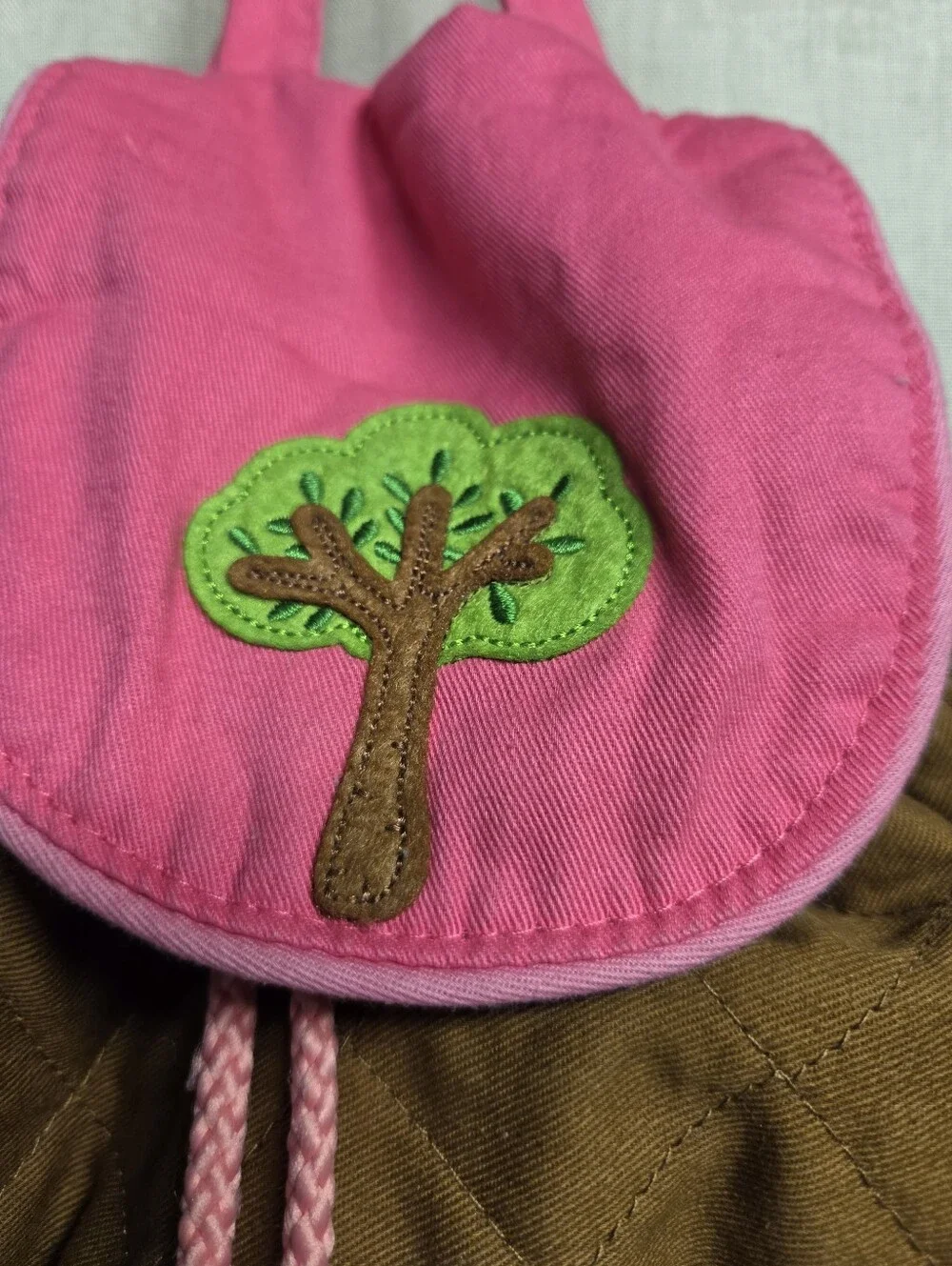 Kids Brown Quilted Backpack with Pink Accents and Owl Appliqué